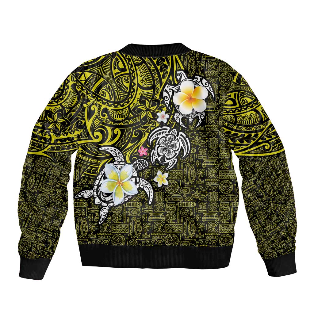 Hawaiian Turtle and Plumeria Bomber Jacket Polynesian Tattoo and Tribal Elements Pattern Yellow Color