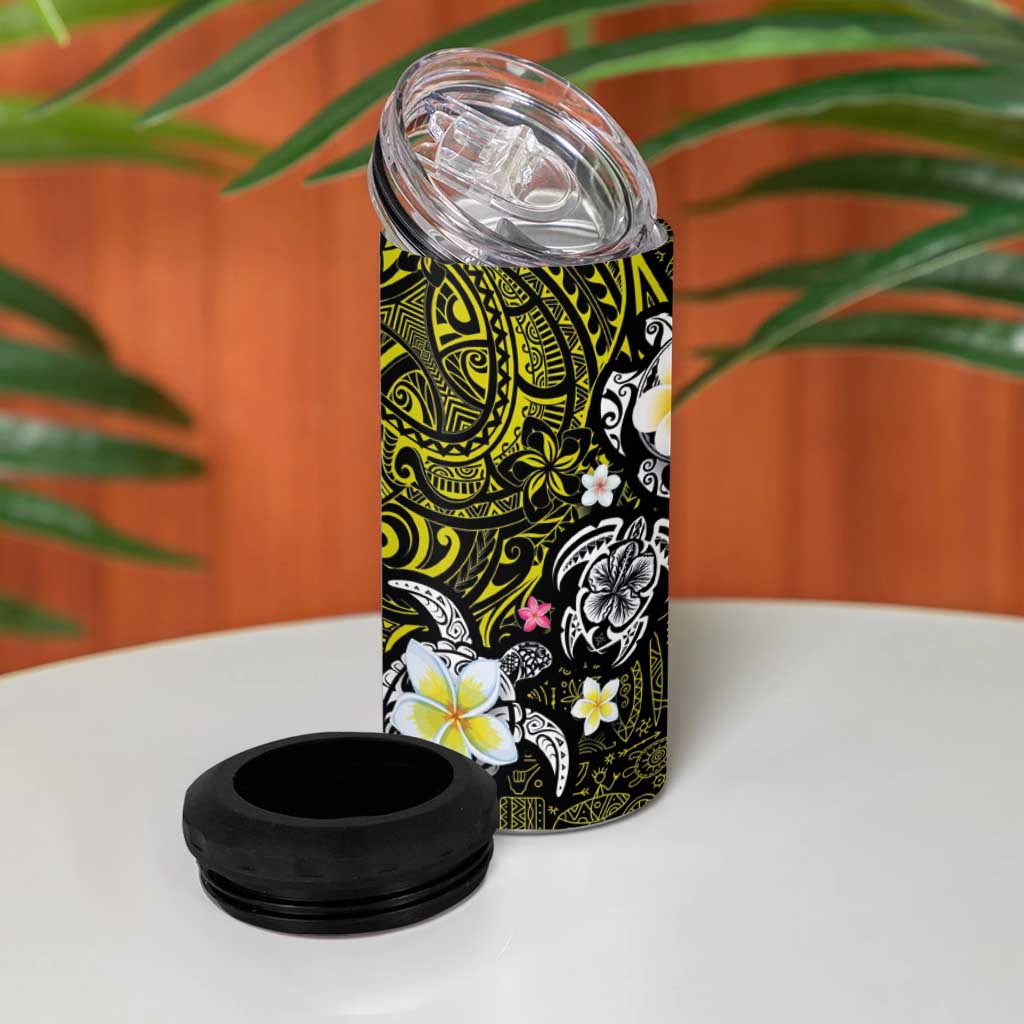 Hawaiian Turtle and Plumeria 4 in 1 Can Cooler Tumbler Polynesian Tattoo and Tribal Elements Pattern Yellow Color
