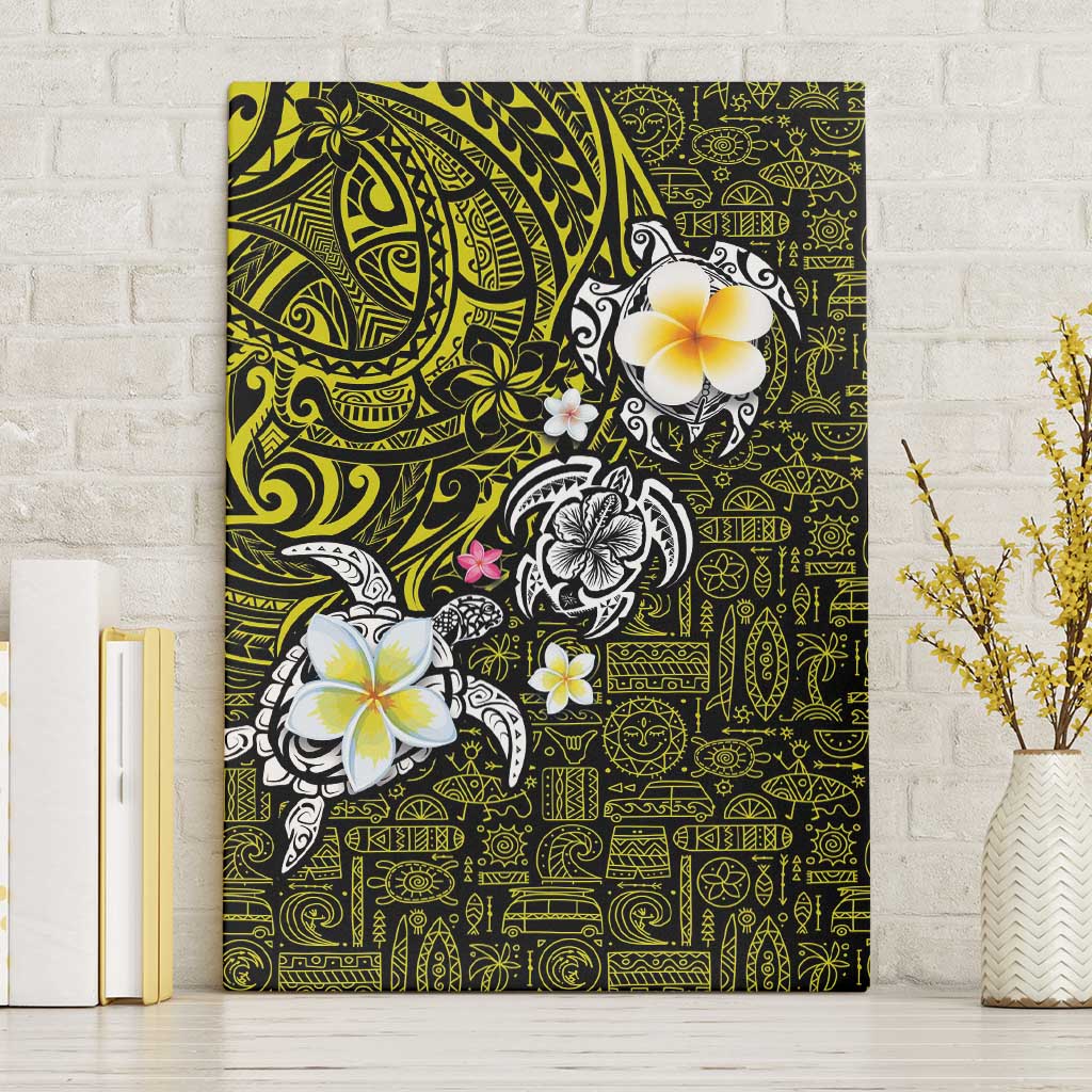 Hawaiian Turtle and Plumeria Canvas Wall Art Polynesian Tattoo and Tribal Elements Pattern Yellow Color LT03 Without Frame Yellow - Polynesian Pride