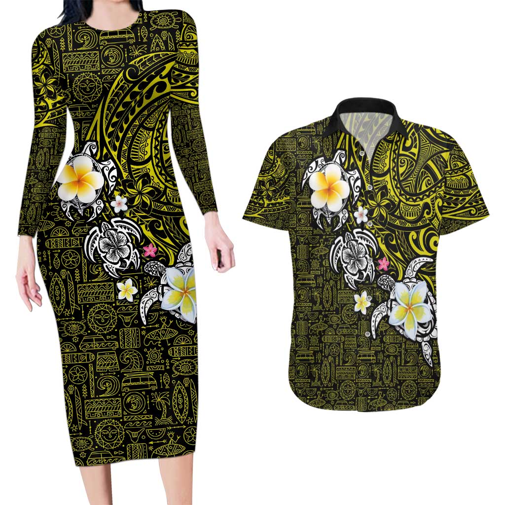 Hawaiian Turtle and Plumeria Couples Matching Long Sleeve Bodycon Dress and Hawaiian Shirt Polynesian Tattoo and Tribal Elements Pattern Yellow Color