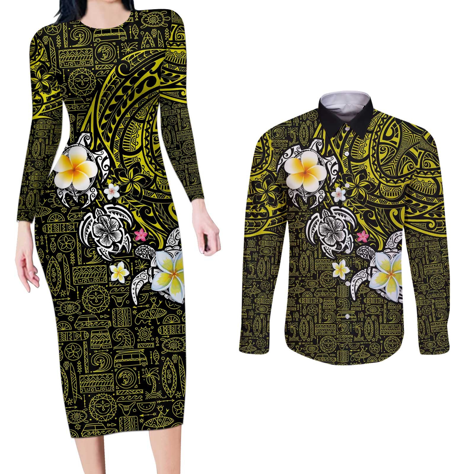 Hawaiian Turtle and Plumeria Couples Matching Long Sleeve Bodycon Dress and Long Sleeve Button Shirt Polynesian Tattoo and Tribal Elements Pattern Yellow Color LT03 Yellow - Polynesian Pride
