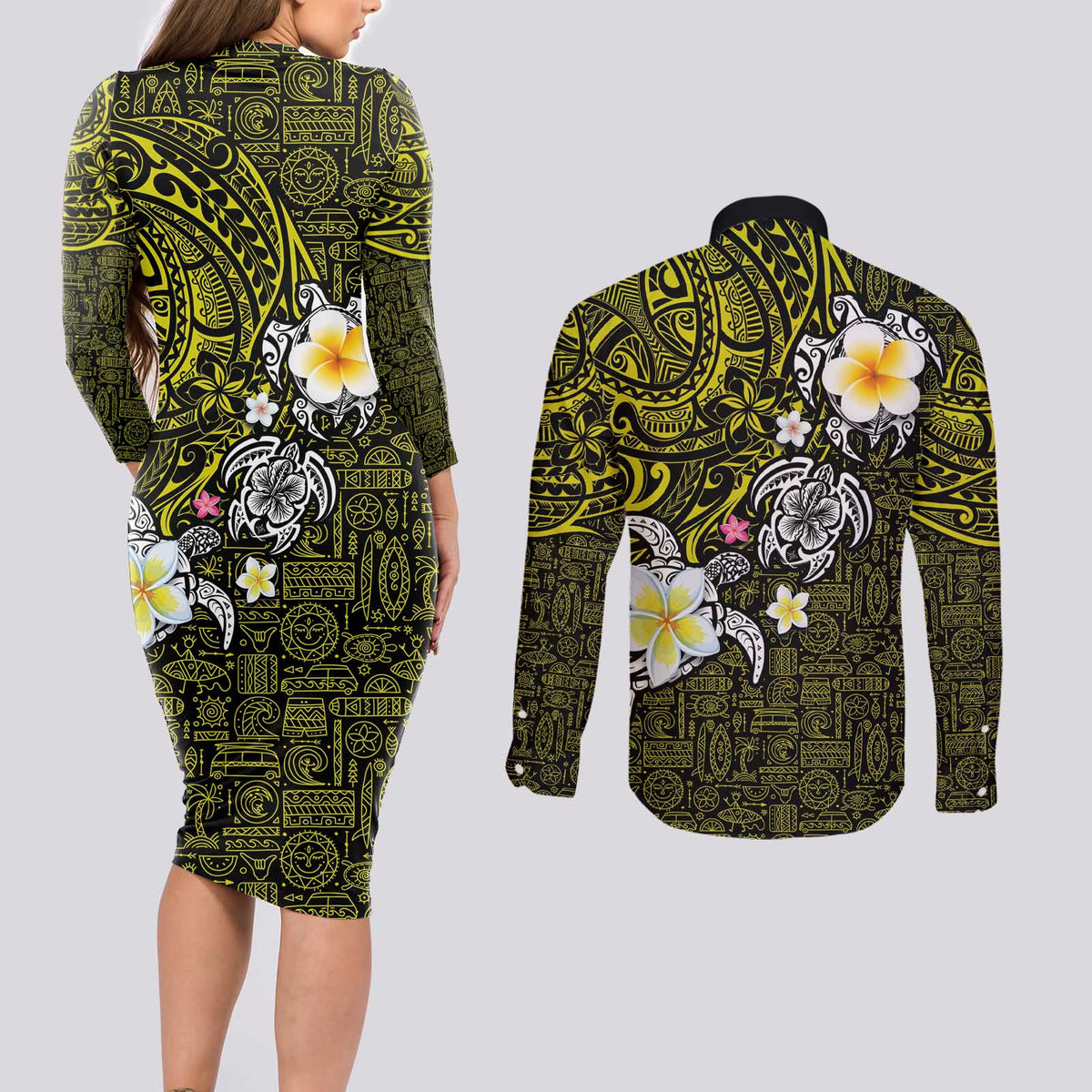 Hawaiian Turtle and Plumeria Couples Matching Long Sleeve Bodycon Dress and Long Sleeve Button Shirt Polynesian Tattoo and Tribal Elements Pattern Yellow Color
