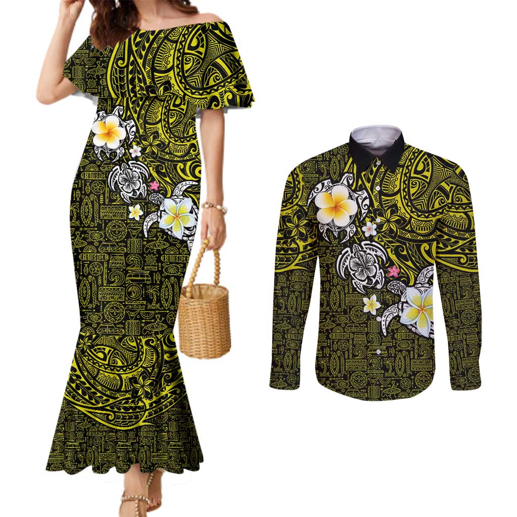 Hawaiian Turtle and Plumeria Couples Matching Mermaid Dress and Long Sleeve Button Shirt Polynesian Tattoo and Tribal Elements Pattern Yellow Color