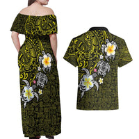 Hawaiian Turtle and Plumeria Couples Matching Off Shoulder Maxi Dress and Hawaiian Shirt Polynesian Tattoo and Tribal Elements Pattern Yellow Color LT03 - Polynesian Pride