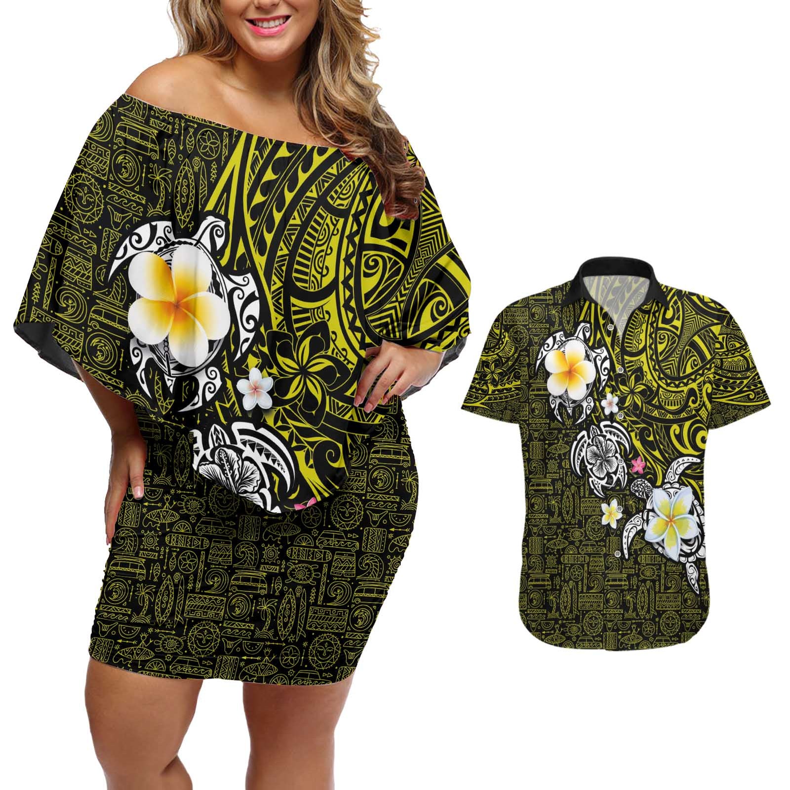 Hawaiian Turtle and Plumeria Couples Matching Off Shoulder Short Dress and Hawaiian Shirt Polynesian Tattoo and Tribal Elements Pattern Yellow Color LT03 Yellow - Polynesian Pride