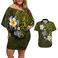 Hawaiian Turtle and Plumeria Couples Matching Off Shoulder Short Dress and Hawaiian Shirt Polynesian Tattoo and Tribal Elements Pattern Yellow Color LT03 Yellow - Polynesian Pride