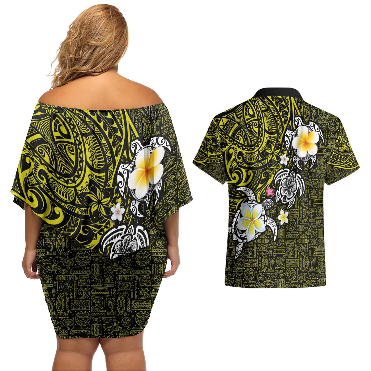 Hawaiian Turtle and Plumeria Couples Matching Off Shoulder Short Dress and Hawaiian Shirt Polynesian Tattoo and Tribal Elements Pattern Yellow Color LT03 - Polynesian Pride