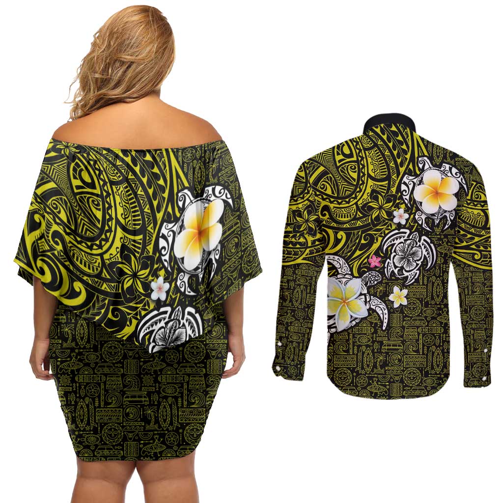 Hawaiian Turtle and Plumeria Couples Matching Off Shoulder Short Dress and Long Sleeve Button Shirt Polynesian Tattoo and Tribal Elements Pattern Yellow Color LT03 - Polynesian Pride