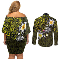 Hawaiian Turtle and Plumeria Couples Matching Off Shoulder Short Dress and Long Sleeve Button Shirt Polynesian Tattoo and Tribal Elements Pattern Yellow Color LT03 - Polynesian Pride