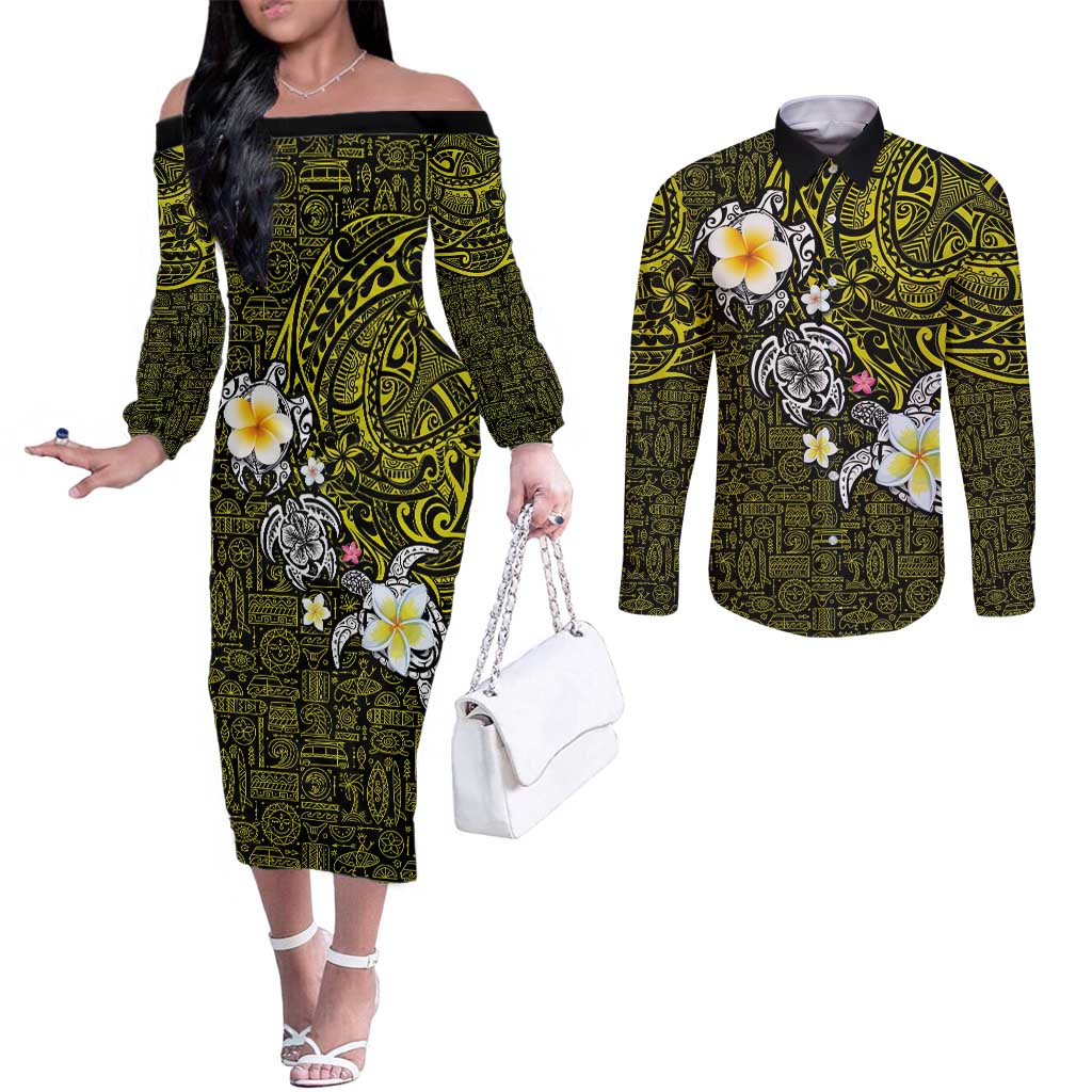 Hawaiian Turtle and Plumeria Couples Matching Off The Shoulder Long Sleeve Dress and Long Sleeve Button Shirt Polynesian Tattoo and Tribal Elements Pattern Yellow Color LT03 Yellow - Polynesian Pride