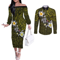Hawaiian Turtle and Plumeria Couples Matching Off The Shoulder Long Sleeve Dress and Long Sleeve Button Shirt Polynesian Tattoo and Tribal Elements Pattern Yellow Color