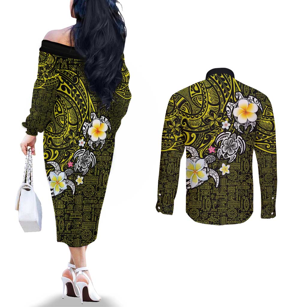 Hawaiian Turtle and Plumeria Couples Matching Off The Shoulder Long Sleeve Dress and Long Sleeve Button Shirt Polynesian Tattoo and Tribal Elements Pattern Yellow Color