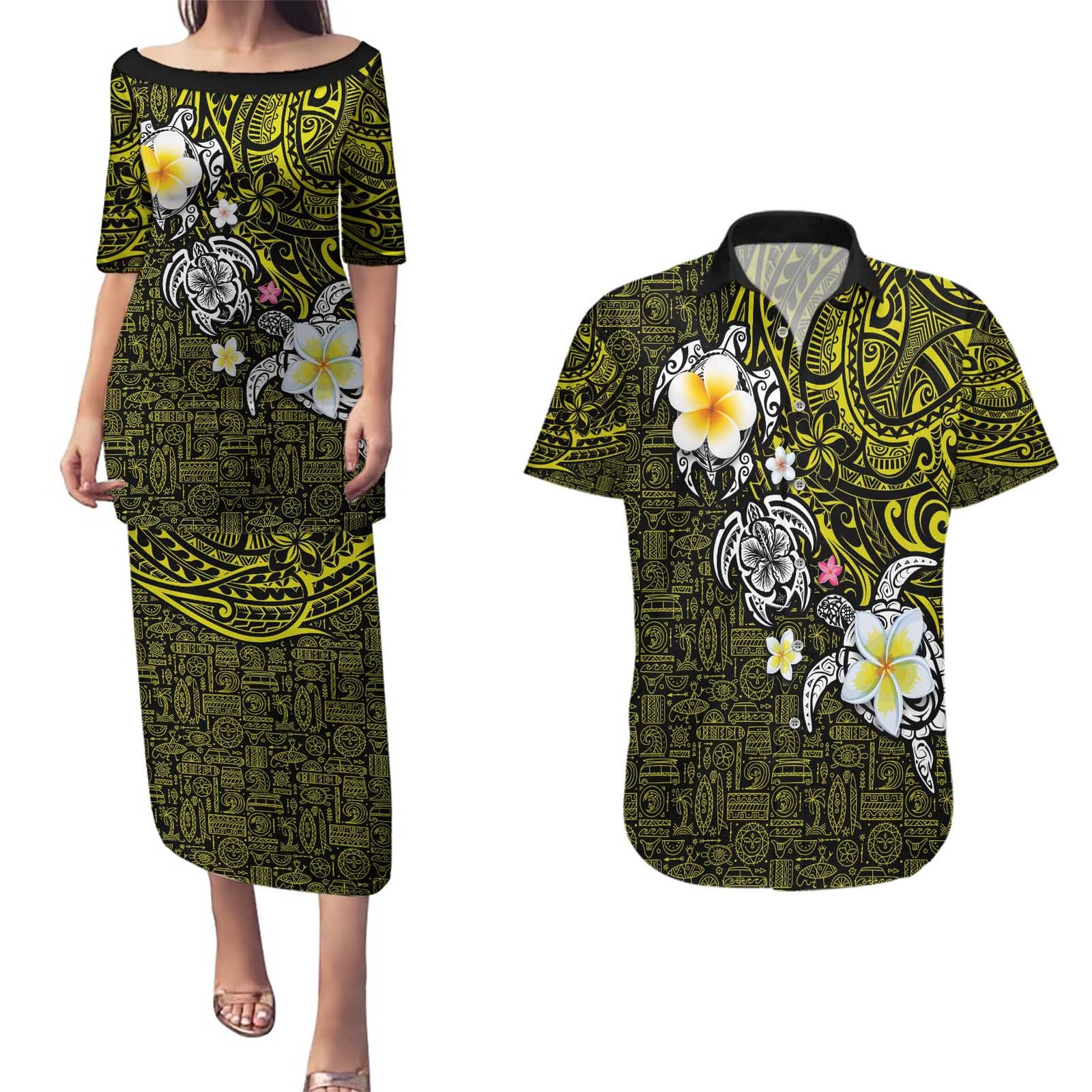 Hawaiian Turtle and Plumeria Couples Matching Puletasi and Hawaiian Shirt Polynesian Tattoo and Tribal Elements Pattern Yellow Color LT03 Yellow - Polynesian Pride