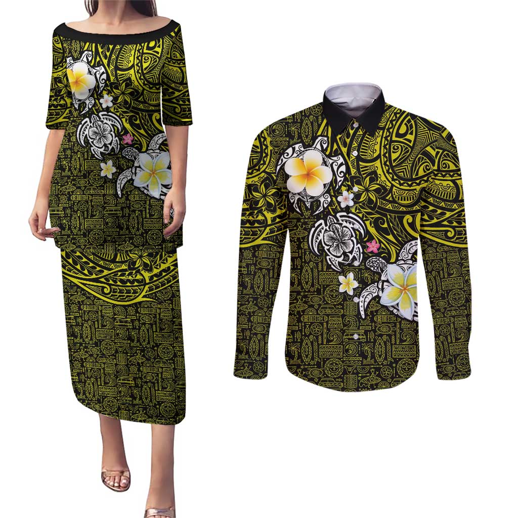 Hawaiian Turtle and Plumeria Couples Matching Puletasi and Long Sleeve Button Shirt Polynesian Tattoo and Tribal Elements Pattern Yellow Color LT03 Yellow - Polynesian Pride