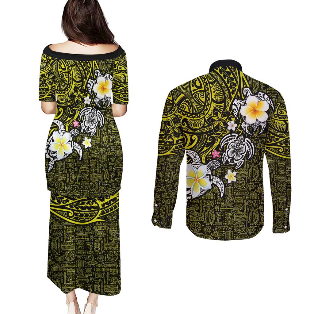 Hawaiian Turtle and Plumeria Couples Matching Puletasi and Long Sleeve Button Shirt Polynesian Tattoo and Tribal Elements Pattern Yellow Color LT03 - Polynesian Pride