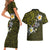 Hawaiian Turtle and Plumeria Couples Matching Short Sleeve Bodycon Dress and Hawaiian Shirt Polynesian Tattoo and Tribal Elements Pattern Yellow Color