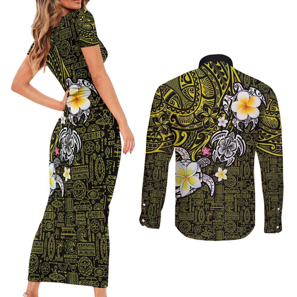 Hawaiian Turtle and Plumeria Couples Matching Short Sleeve Bodycon Dress and Long Sleeve Button Shirt Polynesian Tattoo and Tribal Elements Pattern Yellow Color LT03 - Polynesian Pride