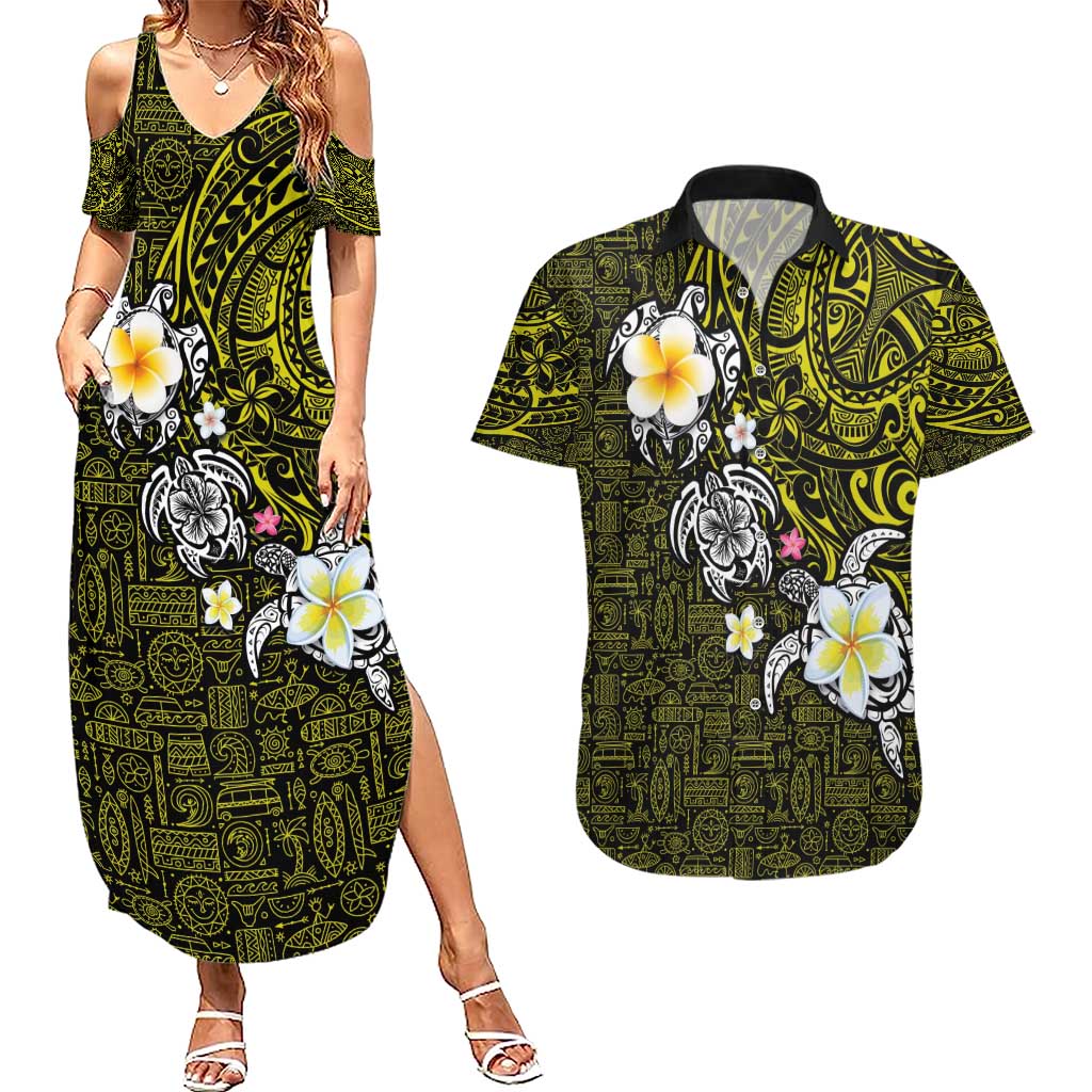 Hawaiian Turtle and Plumeria Couples Matching Summer Maxi Dress and Hawaiian Shirt Polynesian Tattoo and Tribal Elements Pattern Yellow Color LT03 Yellow - Polynesian Pride