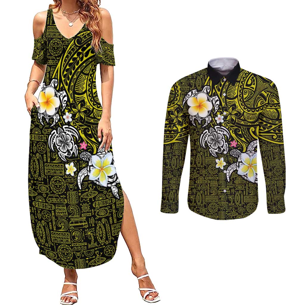 Hawaiian Turtle and Plumeria Couples Matching Summer Maxi Dress and Long Sleeve Button Shirt Polynesian Tattoo and Tribal Elements Pattern Yellow Color LT03 Yellow - Polynesian Pride