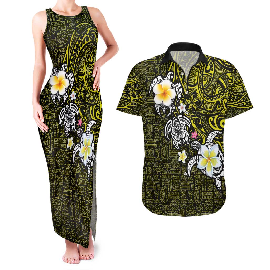 Hawaiian Turtle and Plumeria Couples Matching Tank Maxi Dress and Hawaiian Shirt Polynesian Tattoo and Tribal Elements Pattern Yellow Color