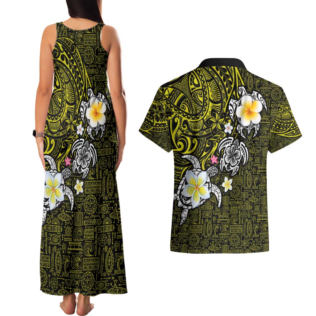 Hawaiian Turtle and Plumeria Couples Matching Tank Maxi Dress and Hawaiian Shirt Polynesian Tattoo and Tribal Elements Pattern Yellow Color