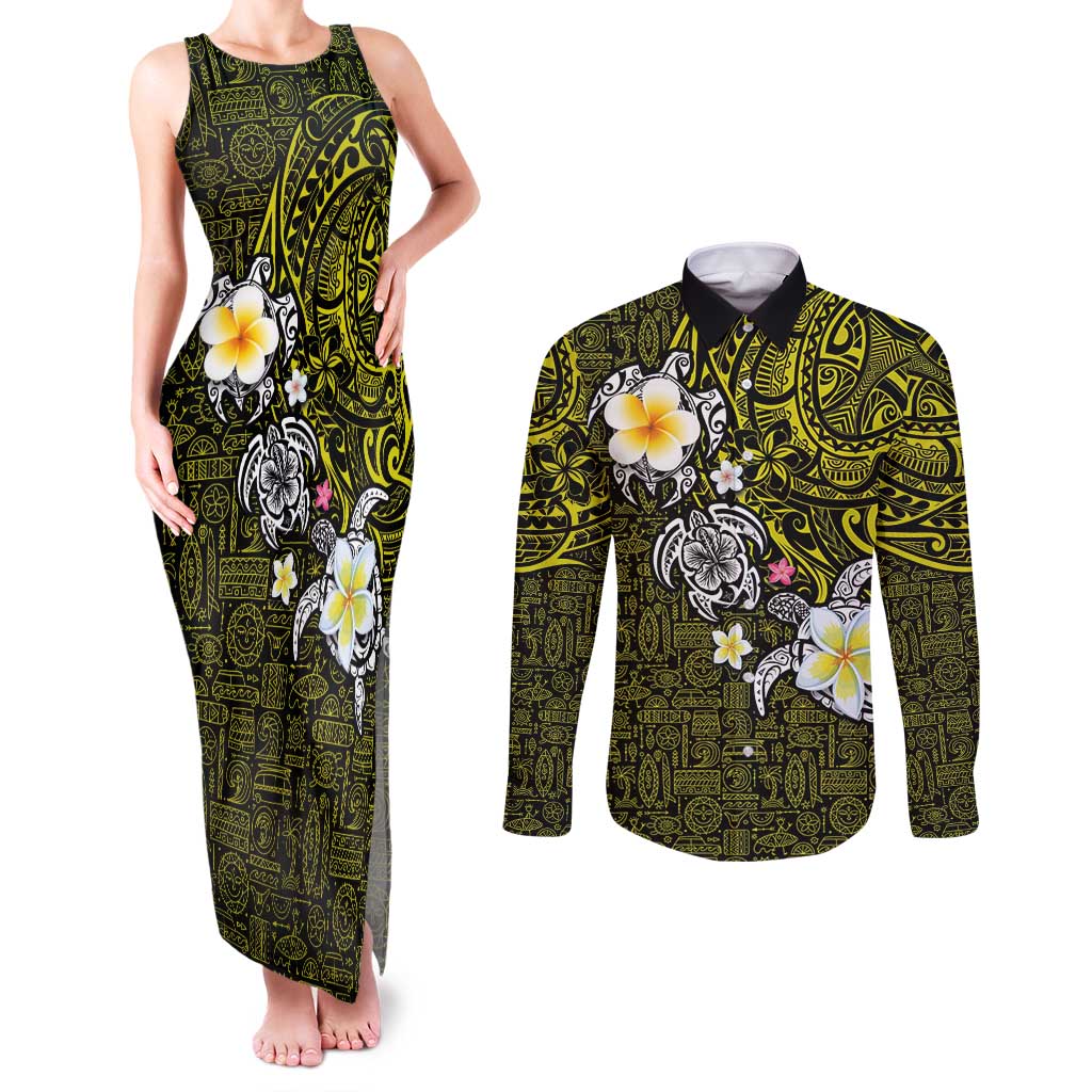 Hawaiian Turtle and Plumeria Couples Matching Tank Maxi Dress and Long Sleeve Button Shirt Polynesian Tattoo and Tribal Elements Pattern Yellow Color LT03 Yellow - Polynesian Pride