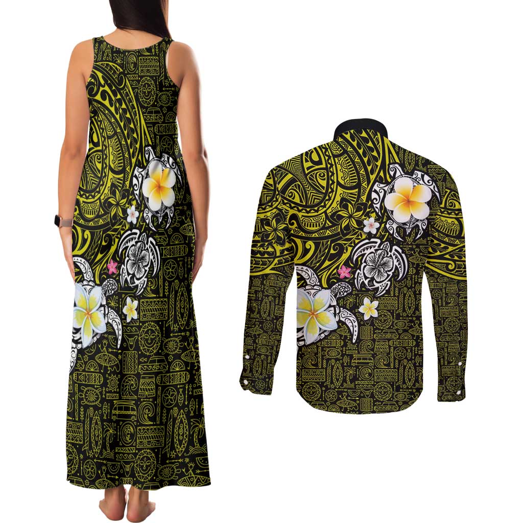 Hawaiian Turtle and Plumeria Couples Matching Tank Maxi Dress and Long Sleeve Button Shirt Polynesian Tattoo and Tribal Elements Pattern Yellow Color LT03 - Polynesian Pride