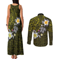 Hawaiian Turtle and Plumeria Couples Matching Tank Maxi Dress and Long Sleeve Button Shirt Polynesian Tattoo and Tribal Elements Pattern Yellow Color LT03 - Polynesian Pride