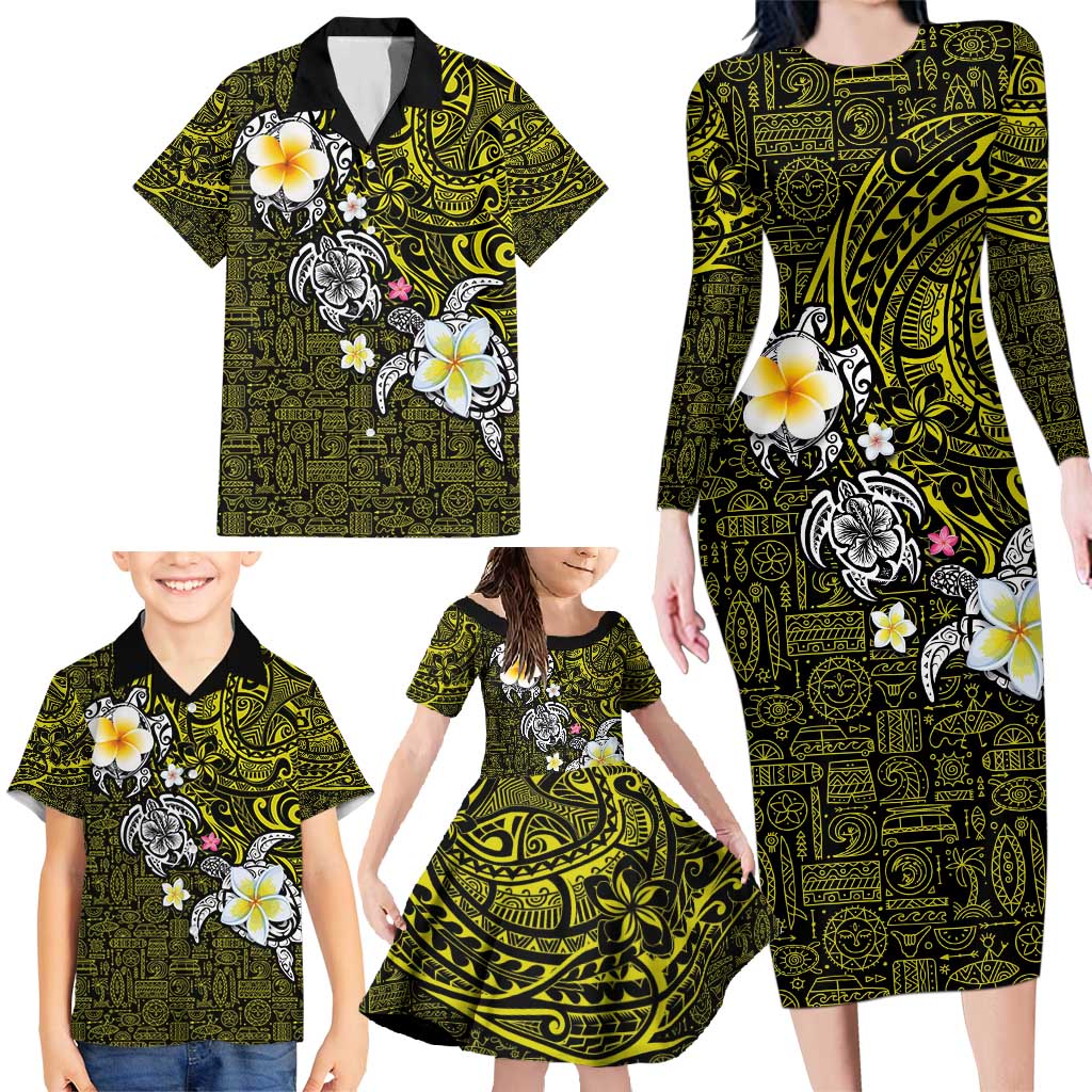 Hawaiian Turtle and Plumeria Family Matching Long Sleeve Bodycon Dress and Hawaiian Shirt Polynesian Tattoo and Tribal Elements Pattern Yellow Color