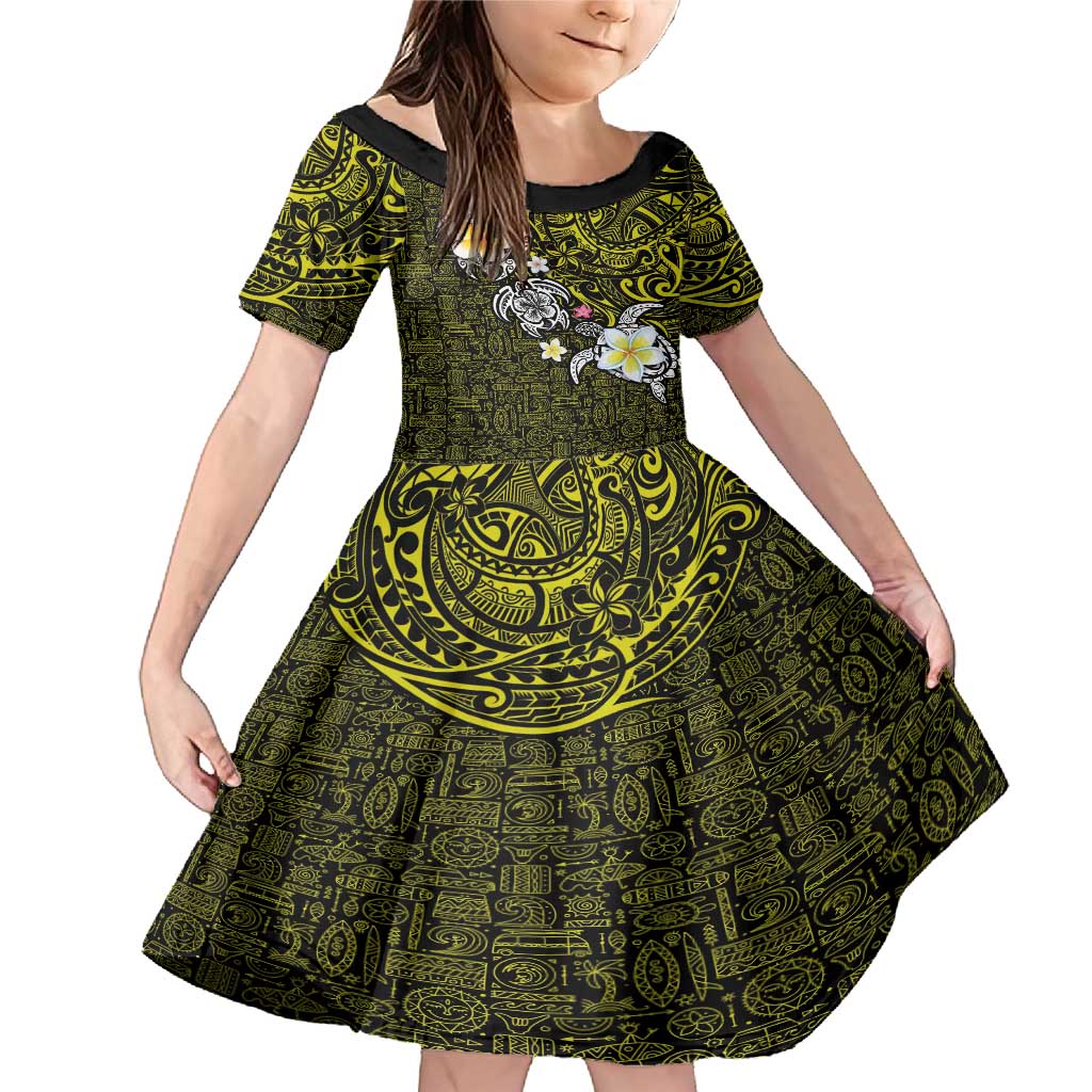 Hawaiian Turtle and Plumeria Family Matching Mermaid Dress and Hawaiian Shirt Polynesian Tattoo and Tribal Elements Pattern Yellow Color