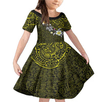 Hawaiian Turtle and Plumeria Family Matching Mermaid Dress and Hawaiian Shirt Polynesian Tattoo and Tribal Elements Pattern Yellow Color