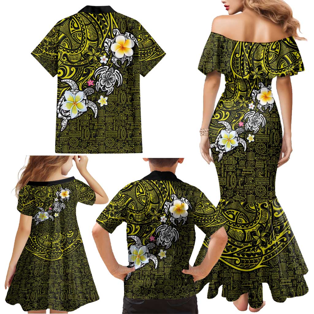 Hawaiian Turtle and Plumeria Family Matching Mermaid Dress and Hawaiian Shirt Polynesian Tattoo and Tribal Elements Pattern Yellow Color