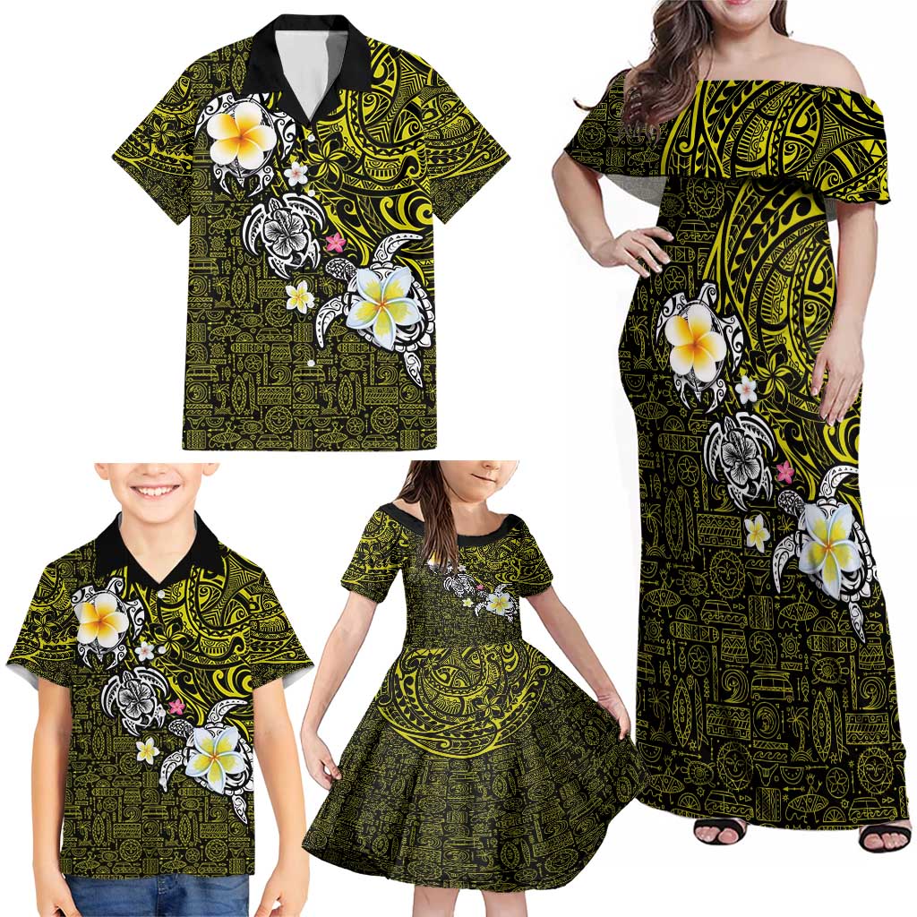 Hawaiian Turtle and Plumeria Family Matching Off Shoulder Maxi Dress and Hawaiian Shirt Polynesian Tattoo and Tribal Elements Pattern Yellow Color LT03 - Polynesian Pride