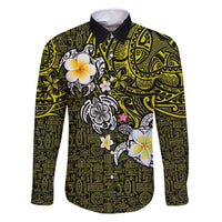 Hawaiian Turtle and Plumeria Family Matching Off Shoulder Maxi Dress and Hawaiian Shirt Polynesian Tattoo and Tribal Elements Pattern Yellow Color