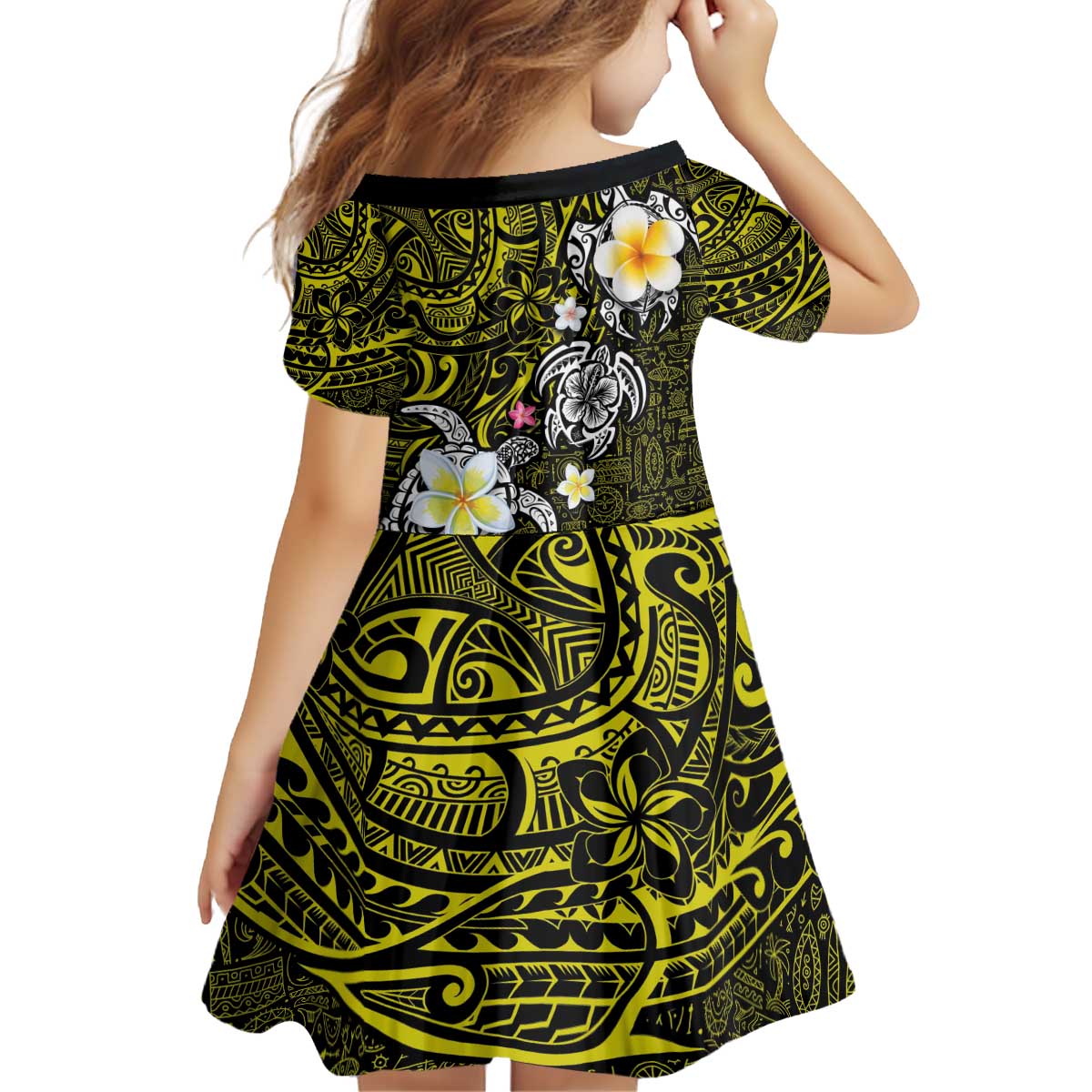 Hawaiian Turtle and Plumeria Family Matching Off Shoulder Short Dress and Hawaiian Shirt Polynesian Tattoo and Tribal Elements Pattern Yellow Color LT03 - Polynesian Pride