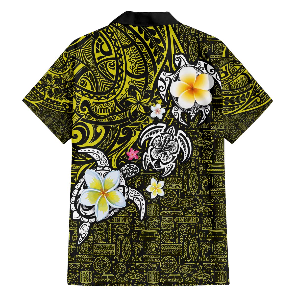 Hawaiian Turtle and Plumeria Family Matching Off Shoulder Short Dress and Hawaiian Shirt Polynesian Tattoo and Tribal Elements Pattern Yellow Color LT03 - Polynesian Pride