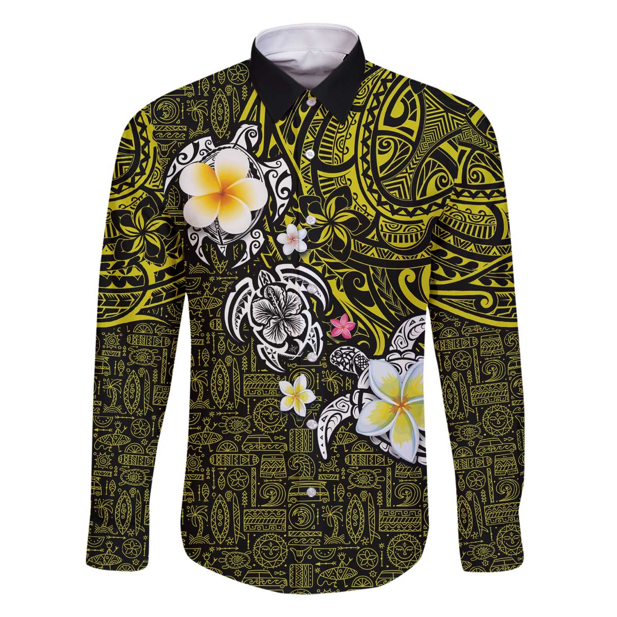 Hawaiian Turtle and Plumeria Family Matching Off Shoulder Short Dress and Hawaiian Shirt Polynesian Tattoo and Tribal Elements Pattern Yellow Color LT03 Dad's Shirt - Long Sleeve Yellow - Polynesian Pride