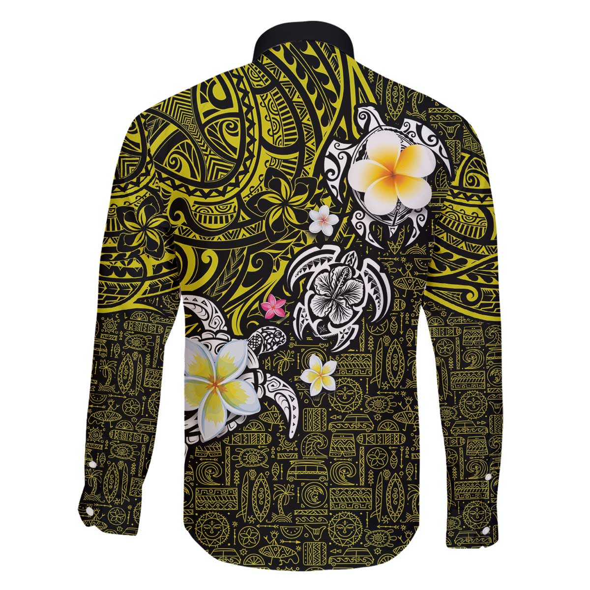 Hawaiian Turtle and Plumeria Family Matching Off Shoulder Short Dress and Hawaiian Shirt Polynesian Tattoo and Tribal Elements Pattern Yellow Color LT03 - Polynesian Pride
