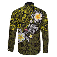 Hawaiian Turtle and Plumeria Family Matching Off Shoulder Short Dress and Hawaiian Shirt Polynesian Tattoo and Tribal Elements Pattern Yellow Color LT03 - Polynesian Pride