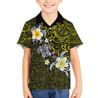 Hawaiian Turtle and Plumeria Family Matching Off Shoulder Short Dress and Hawaiian Shirt Polynesian Tattoo and Tribal Elements Pattern Yellow Color LT03 Son's Shirt Yellow - Polynesian Pride