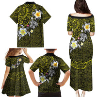 Hawaiian Turtle and Plumeria Family Matching Puletasi and Hawaiian Shirt Polynesian Tattoo and Tribal Elements Pattern Yellow Color