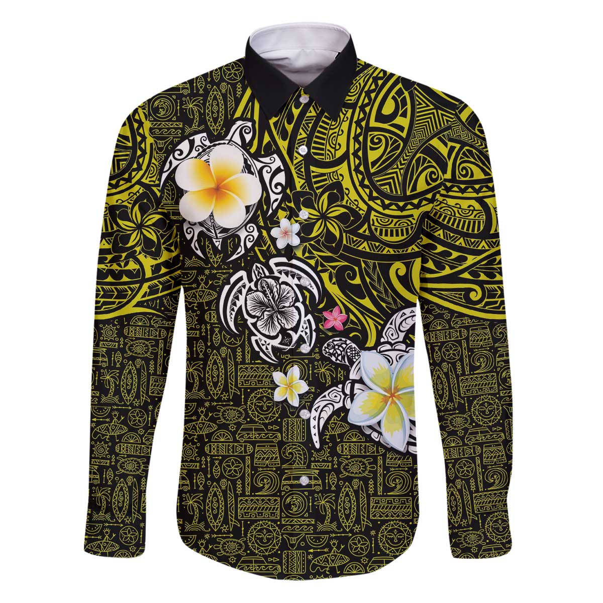 Hawaiian Turtle and Plumeria Family Matching Puletasi and Hawaiian Shirt Polynesian Tattoo and Tribal Elements Pattern Yellow Color
