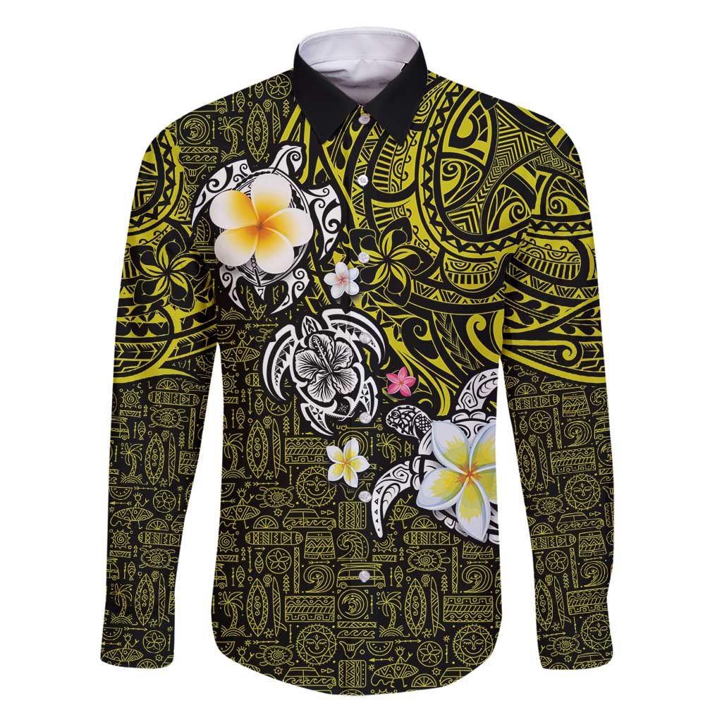 Hawaiian Turtle and Plumeria Family Matching Summer Maxi Dress and Hawaiian Shirt Polynesian Tattoo and Tribal Elements Pattern Yellow Color