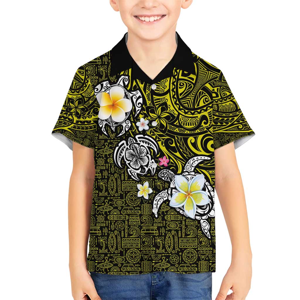 Hawaiian Turtle and Plumeria Family Matching Tank Maxi Dress and Hawaiian Shirt Polynesian Tattoo and Tribal Elements Pattern Yellow Color LT03 Son's Shirt Yellow - Polynesian Pride