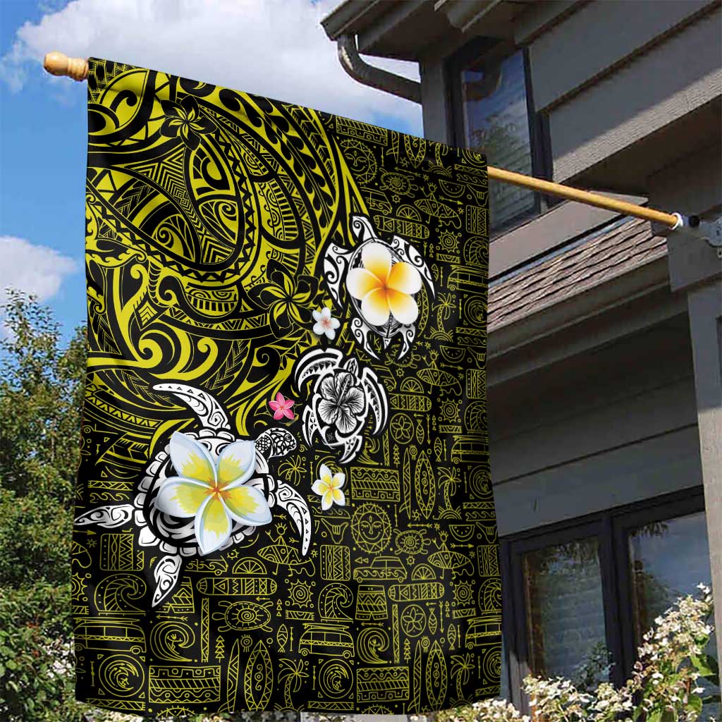 Hawaiian Turtle and Plumeria Garden Flag Polynesian Tattoo and Tribal Elements Pattern Yellow Color LT03 - Polynesian Pride
