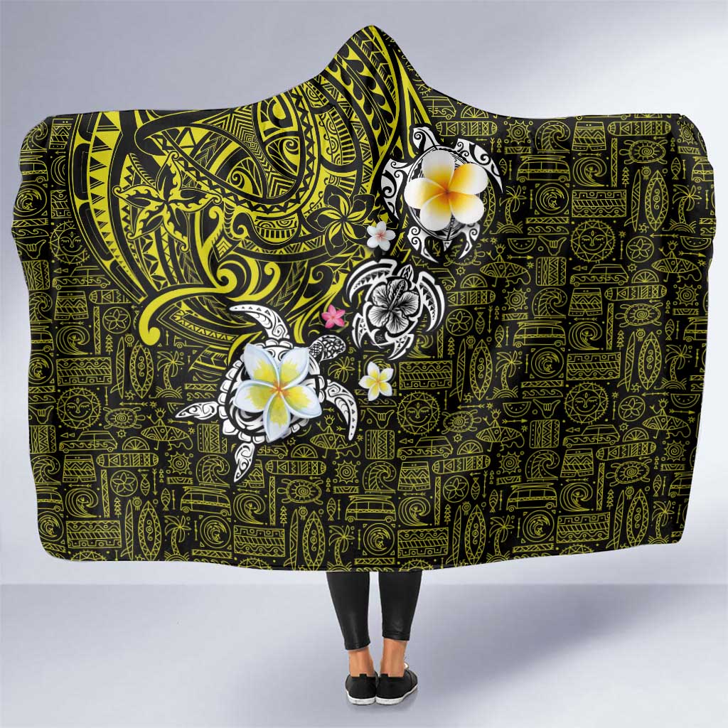 Hawaiian Turtle and Plumeria Hooded Blanket Polynesian Tattoo and Tribal Elements Pattern Yellow Color LT03 One Size Yellow - Polynesian Pride