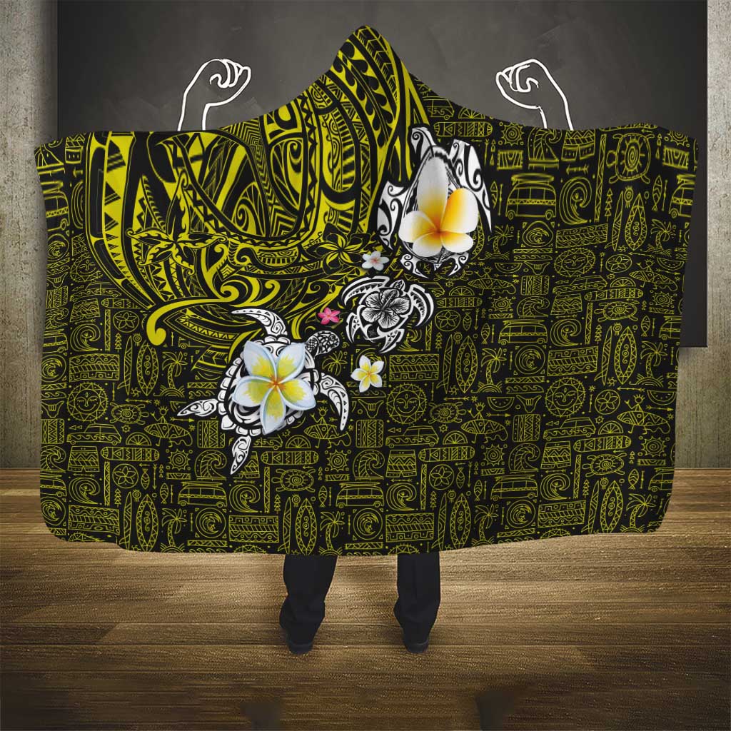 Hawaiian Turtle and Plumeria Hooded Blanket Polynesian Tattoo and Tribal Elements Pattern Yellow Color LT03 - Polynesian Pride