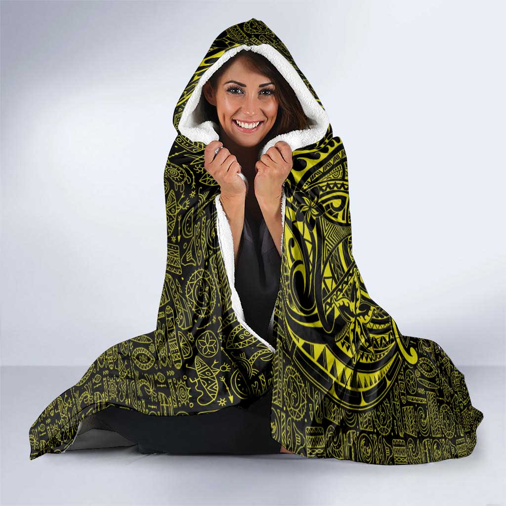 Hawaiian Turtle and Plumeria Hooded Blanket Polynesian Tattoo and Tribal Elements Pattern Yellow Color LT03 - Polynesian Pride
