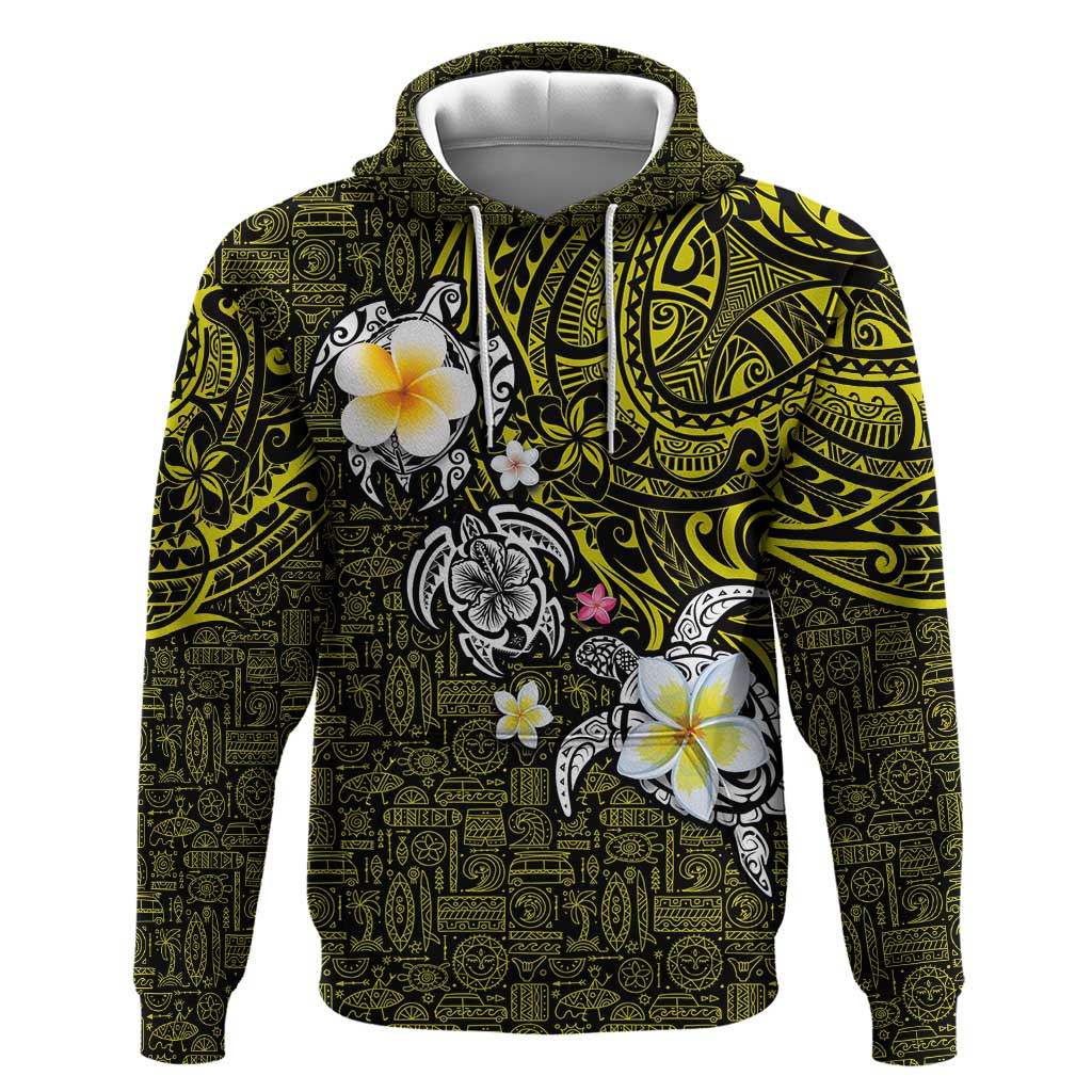 Hawaiian Turtle and Plumeria Hoodie Polynesian Tattoo and Tribal Elements Pattern Yellow Color
