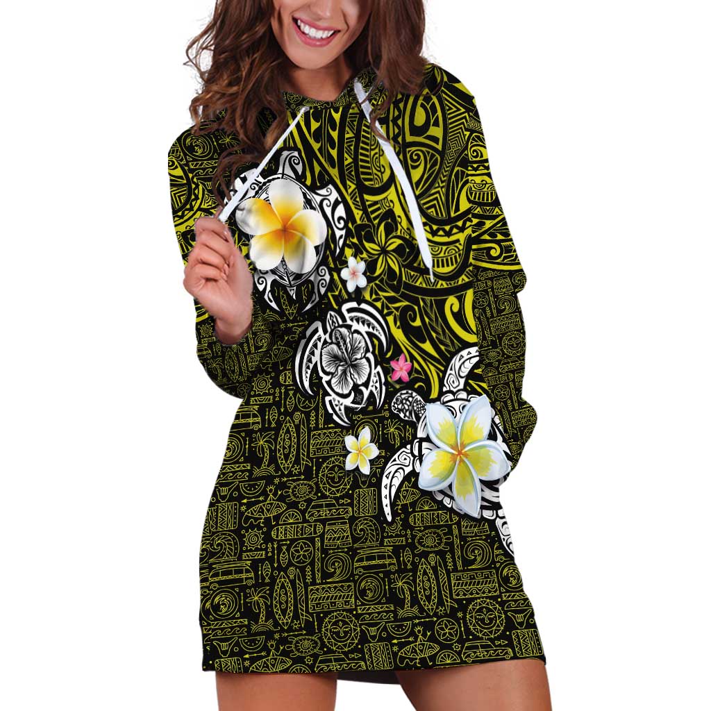 Hawaiian Turtle and Plumeria Hoodie Dress Polynesian Tattoo and Tribal Elements Pattern Yellow Color LT03 Yellow - Polynesian Pride